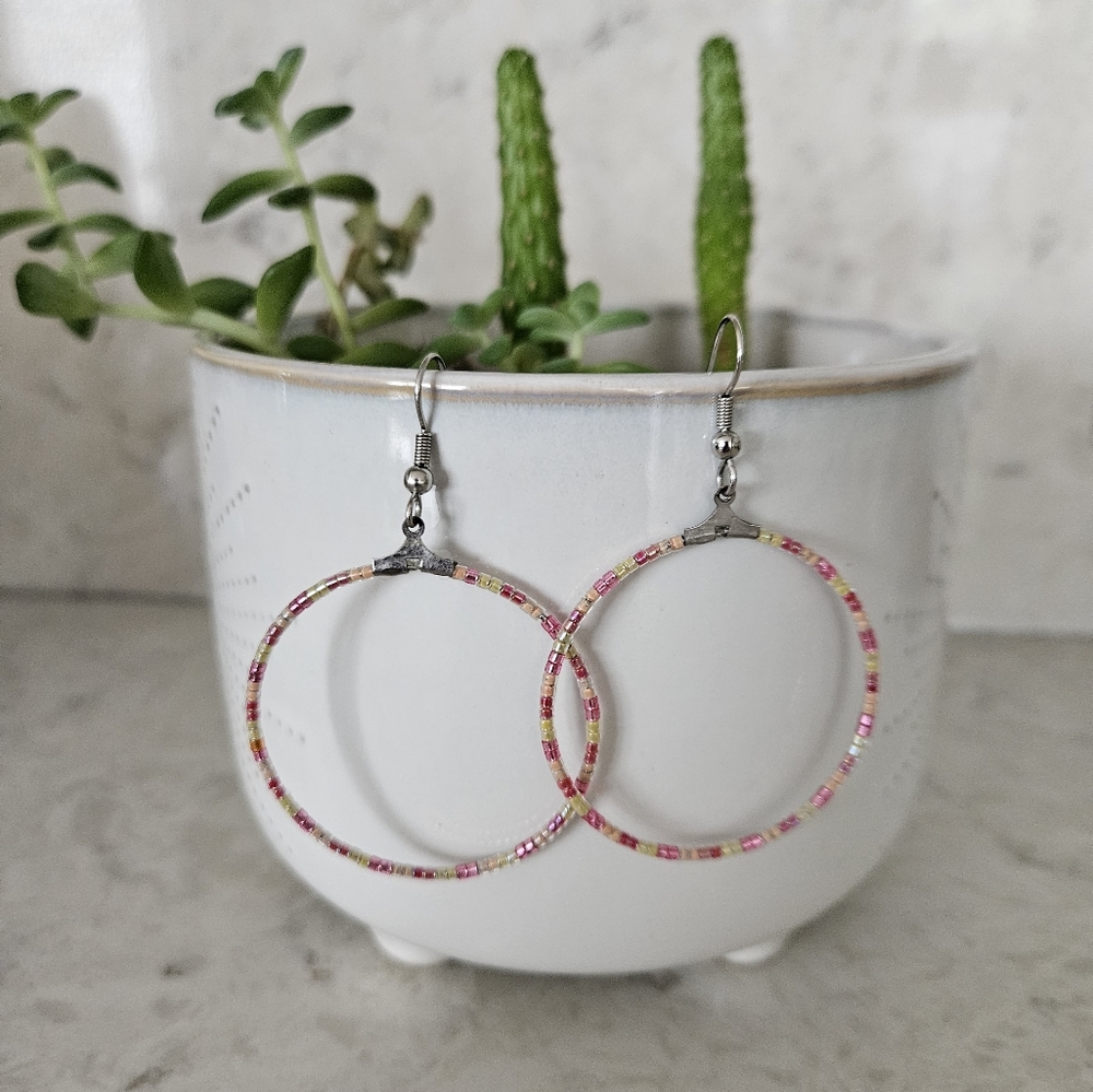 Beaded Pink & Yellow Hoop Earrings, Silver Hypoallergenic Ear Wire